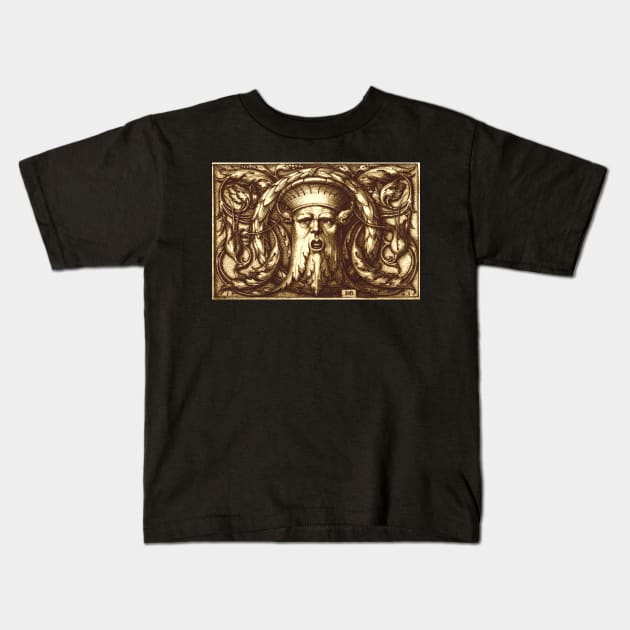 Green Man Renaissance Engraving Sepia Kids T-Shirt by Pixelchicken